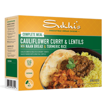 Load image into Gallery viewer, Cauliflower Curry &amp; Lentils Frozen Meal with Naan &amp; Turmeric Rice
