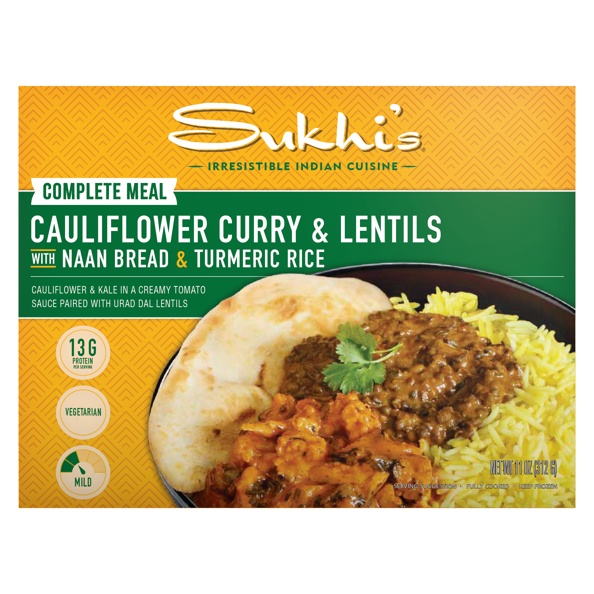 Cauliflower Curry & Lentils Frozen Meal with Naan & Turmeric Rice